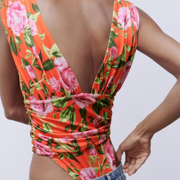 NWT - Zara Floral Printed Draped Bodysuit - Picture 5 of 7